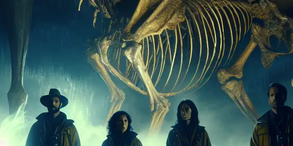 An adventurous expedition team explores a dimly lit cave filled with ancient dragon bones and glistening mineral deposits.