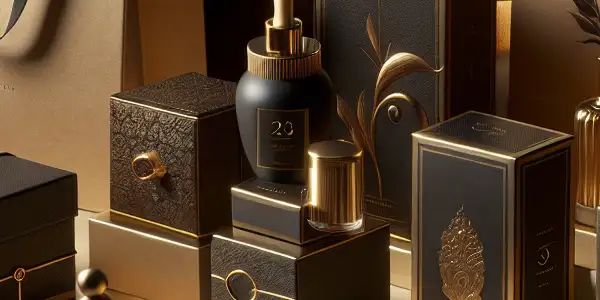 A sophisticated display of luxurious adult product packaging in an intimate, inviting setting.