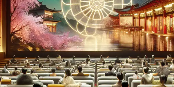 A vibrant cinema scene featuring diverse characters discussing Asian adult films, surrounded by cultural elements like cherry blossoms.