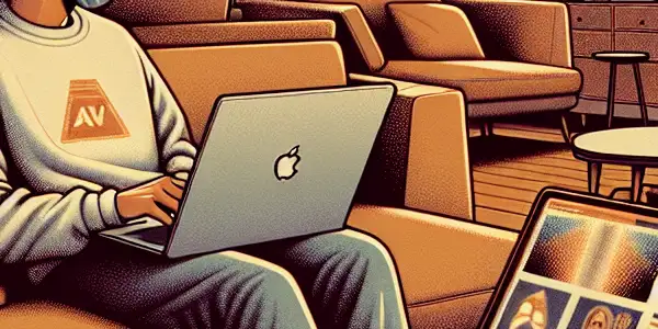 A cozy living room with a person watching abstract art on a screen, emphasizing AV hygiene and safety.