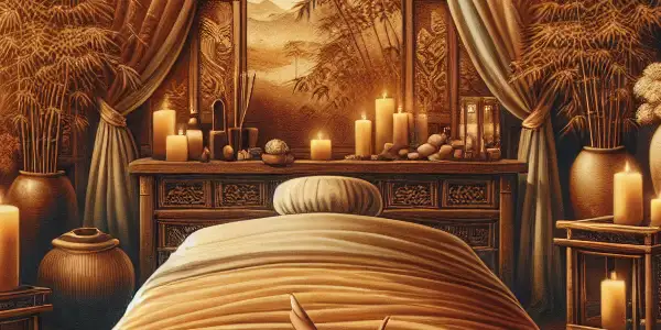 A serene Asian massage room with ambient lighting, bamboo decor, and hands performing a gentle massage.