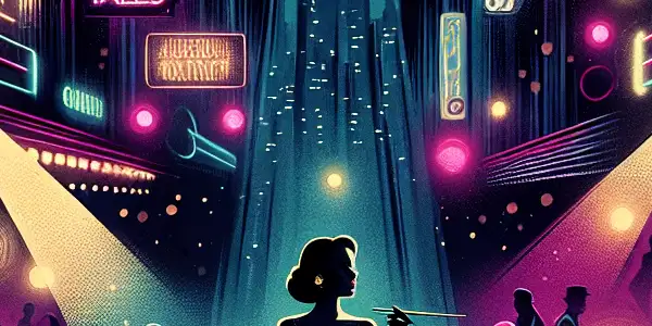 A mysterious woman in a vintage dress stands in a dark nightclub, surrounded by flickering neon lights and shadowy figures.