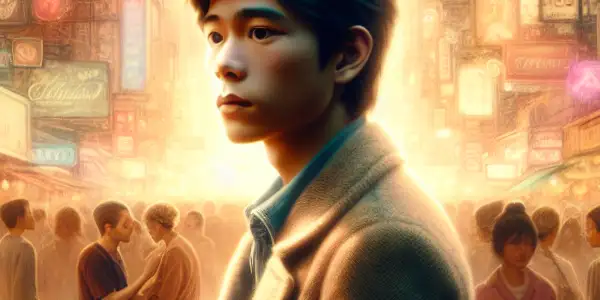 A young adult reflects on self-discovery in a vibrant urban setting, surrounded by love symbols and warm lighting.