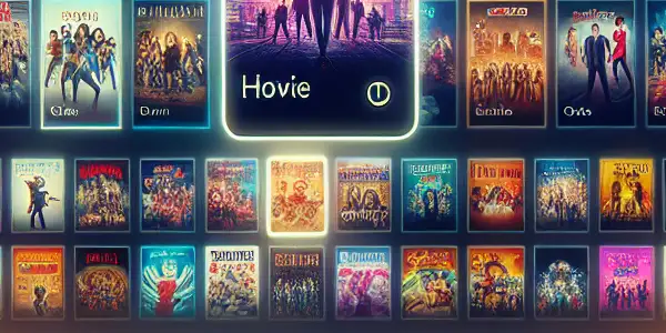 A cozy home cinema scene featuring a user-friendly digital interface with popular movies and shows on display.