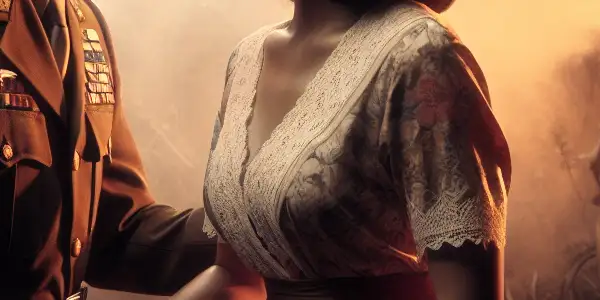 A tense, passionate moment between a military officer and a subordinate’s wife amidst a war-torn backdrop.