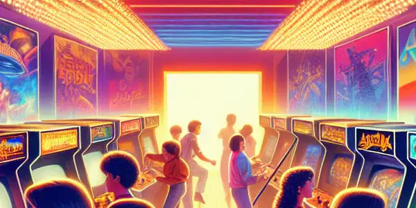 A lively 1980s arcade scene with retro machines, nostalgic games, and a vintage movie theater marquee.