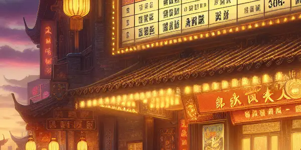 A nostalgic scene of families in vintage attire excitedly gathered outside a classic Chinese movie theater under a twilight sky.
