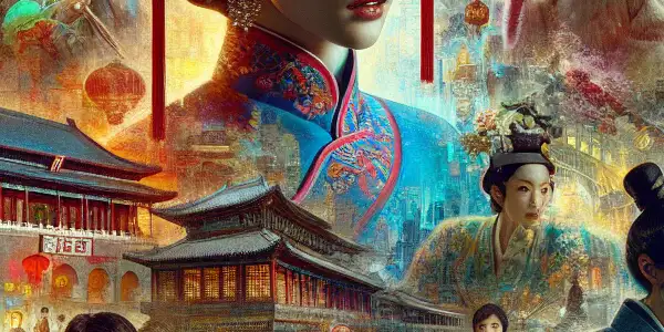 A vibrant collage showcasing Yang Mi's film career, blending traditional Chinese elements with modern urban themes and fantasy landscapes.