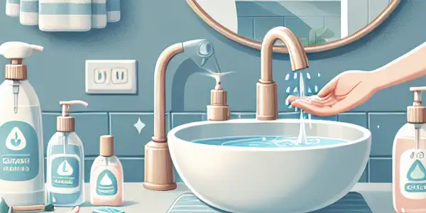 A serene bathroom scene showcasing safe cleaning practices for adult products with organized supplies and a calming atmosphere.