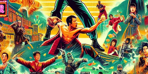 A vibrant poster celebrating 80s and 90s Hong Kong cinema, featuring Chao Charlie in comedic action scenes with a lively urban backdrop.