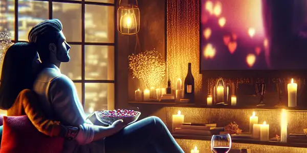 A cozy movie night scene with a couple on a plush sofa, enjoying a romantic film in a warmly lit living room.