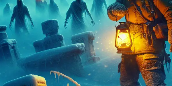A group of adventurers explores a snowy landscape, uncovering ancient tombs and mysterious artifacts amid eerie shadows.