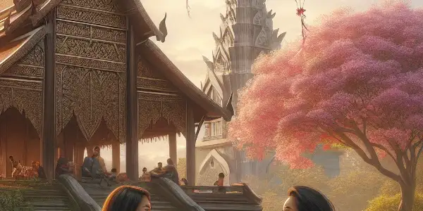 Two young women share a joyful moment on a picnic blanket in a lush Thai park, surrounded by flowers.