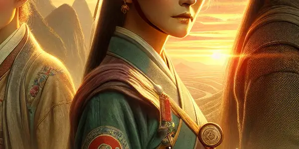 A nostalgic scene featuring three characters in traditional clothing against a sunset landscape, embodying strength and determination.