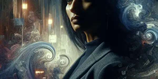 A young woman stands in a dimly lit urban setting, surrounded by shadows and digital screens, symbolizing privacy and legal issues.