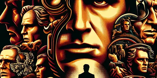 A dramatic movie poster featuring Brad Pitt's portrait with elements from "Fight Club," "Troy," and "12 Monkeys."