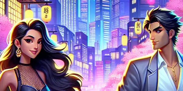 A vibrant urban scene featuring a stylish female and charismatic male character in a playful interaction, surrounded by neon lights and cherry blossoms.