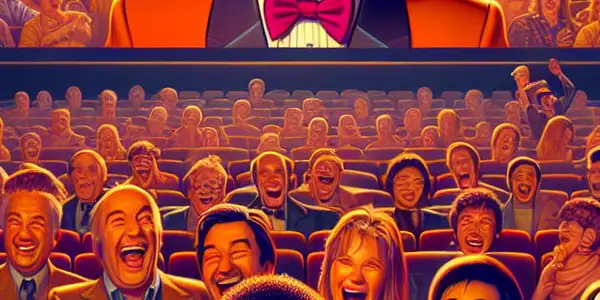 A lively movie theater filled with diverse fans joyfully watching a classic Chan Baichang comedy film.