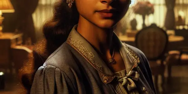 A charismatic nanny stands in a luxurious living room, hinting at mystery and romance amid opulent decor.