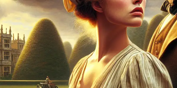 A noblewoman and her rugged gamekeeper share a passionate moment in the lush English countryside, symbolizing forbidden love.