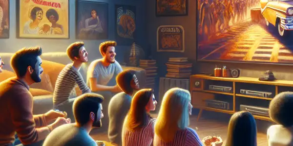 A cozy living room scene with diverse friends watching a classic movie, surrounded by popcorn and film posters.