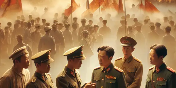 A dramatic gathering of historical figures in 1940s attire, set against a misty Beijing skyline, symbolizing unity and hope.