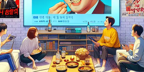 A cozy living room scene with friends watching a classic Korean film, surrounded by movie posters, snacks, and technology.