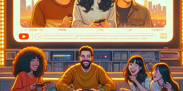 A cozy living room filled with diverse friends enjoying a classic Korean movie, surrounded by popcorn and movie memorabilia.