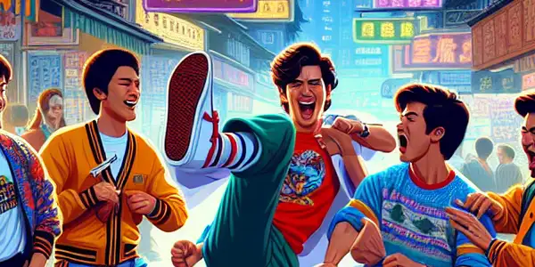 A lively 1980s Hong Kong street scene featuring young friends in colorful outfits showcasing martial arts and playful camaraderie.