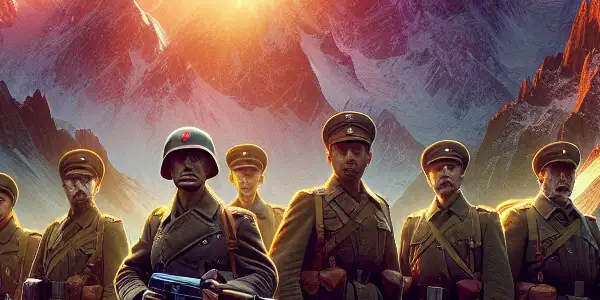 PLA soldiers in traditional uniforms prepare for battle against the rugged Kunlun Mountains at sunset.