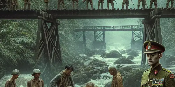 British POWs construct a wooden bridge in a tense WWII jungle setting, overseen by a conflicted colonel and Japanese soldiers.