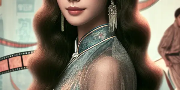 A poised Hong Kong actress in a traditional dress, surrounded by vintage film elements, evoking 1980s cinema glamour.