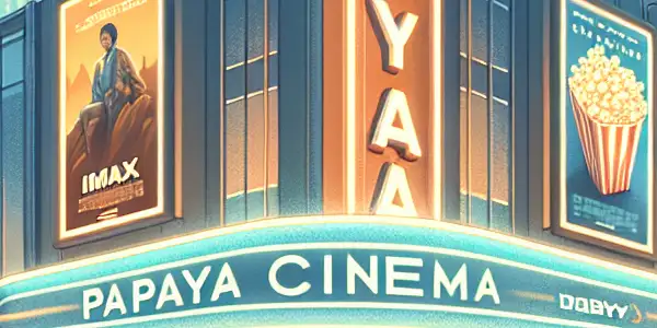A bustling city cinema exterior with excited moviegoers, neon lights, and vibrant movie posters.