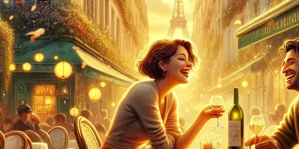 A romantic Parisian street at sunset with a couple enjoying wine at a bistro table, surrounded by lanterns and petals.