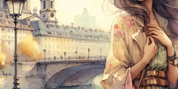 A charming woman with flowing hair and a vintage bicycle by the Seine, with the Eiffel Tower in the background.