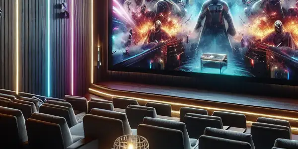A modern home theater featuring a large screen, plush seating, and immersive 3D visuals in a vibrant atmosphere.