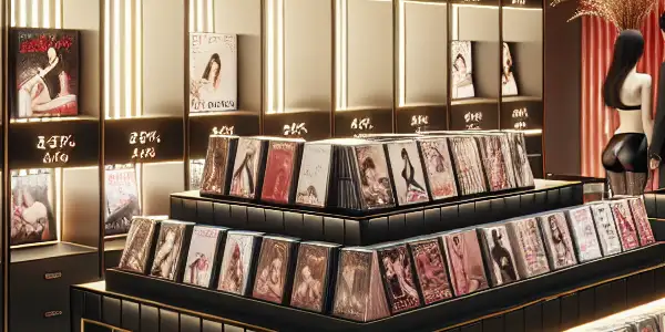 A sophisticated adult boutique featuring organized shelves of adult films, inviting lighting, and a chic, intimate atmosphere.