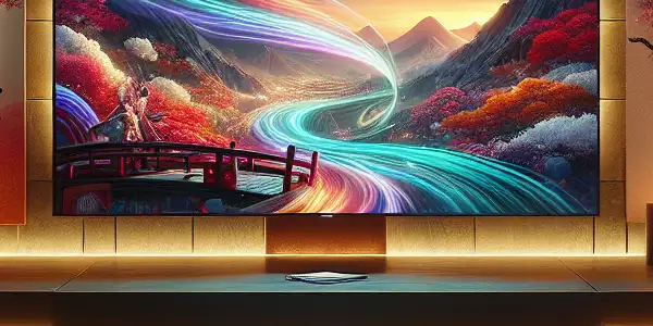 A cozy modern home theater showcasing a vibrant Japanese film with inviting decor and high-tech elements.