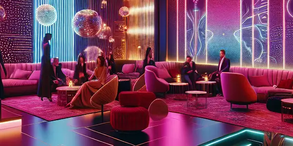 A vibrant futuristic lounge filled with stylish furniture, neon lights, and fashionable figures enjoying an intimate social atmosphere.