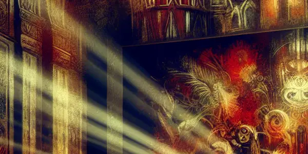 A vintage cinema scene with a film projector casting silhouettes that suggest sensual themes and cultural motifs.