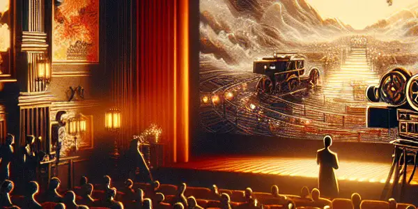 A dimly lit vintage theater with plush seating, showcasing abstract visuals and silhouettes of viewers enjoying Japanese AV cinema.