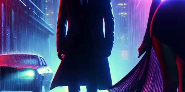 A thrilling nighttime chase in a neon-lit alley, featuring a mysterious figure and an alluring woman.