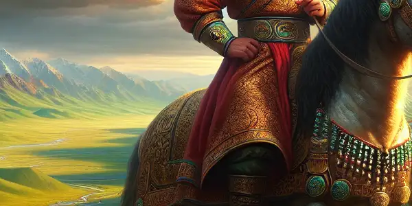A powerful Mongolian king on horseback in a sweeping steppe landscape with yurts and distant mountains.