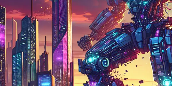 A giant robot transforms in a futuristic cityscape at dusk, amidst neon lights and an ongoing battle.