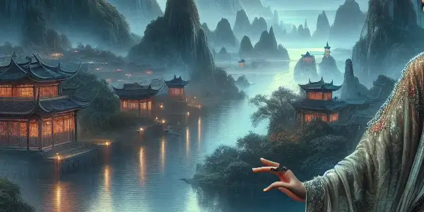 A confident protagonist in revealing ancient attire poses dramatically in a lush, twilight Chinese landscape.