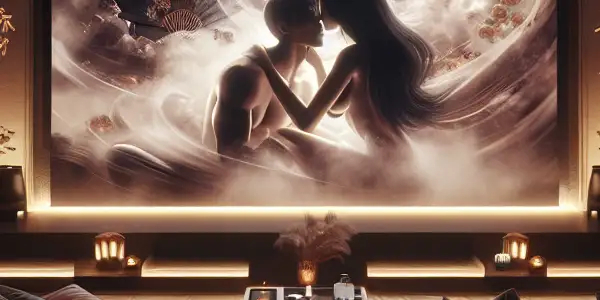 A luxurious home theater setting with plush seating, ambient lighting, and an abstract sensual scene on screen.