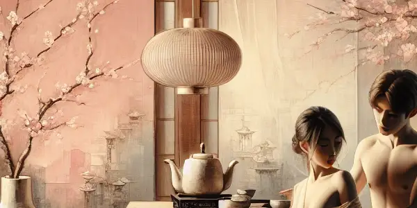 An elegant Japanese room with two figures expressing intimacy, surrounded by cherry blossoms and traditional decor.