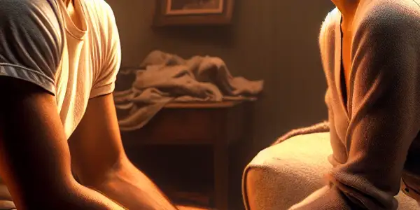 A brother and sister share an intimate moment in a cozy living room, revealing love and underlying tension.