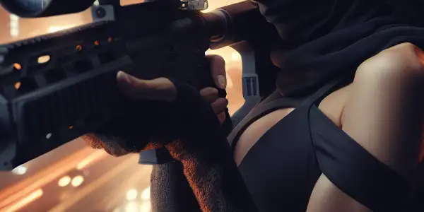 A female sniper on a rooftop in an urban cityscape, poised and focused with a high-tech rifle at dusk.