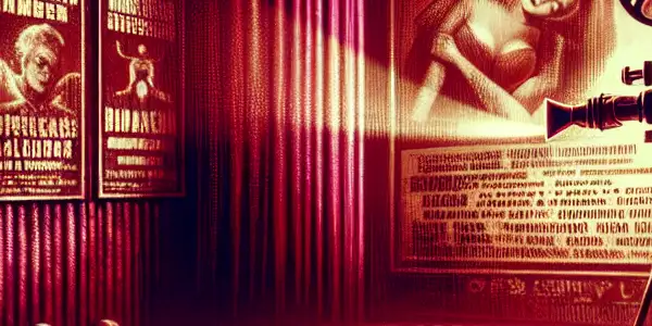 An underground cinema scene depicting diverse viewers captivated by banned films, surrounded by film reels and provocative posters.